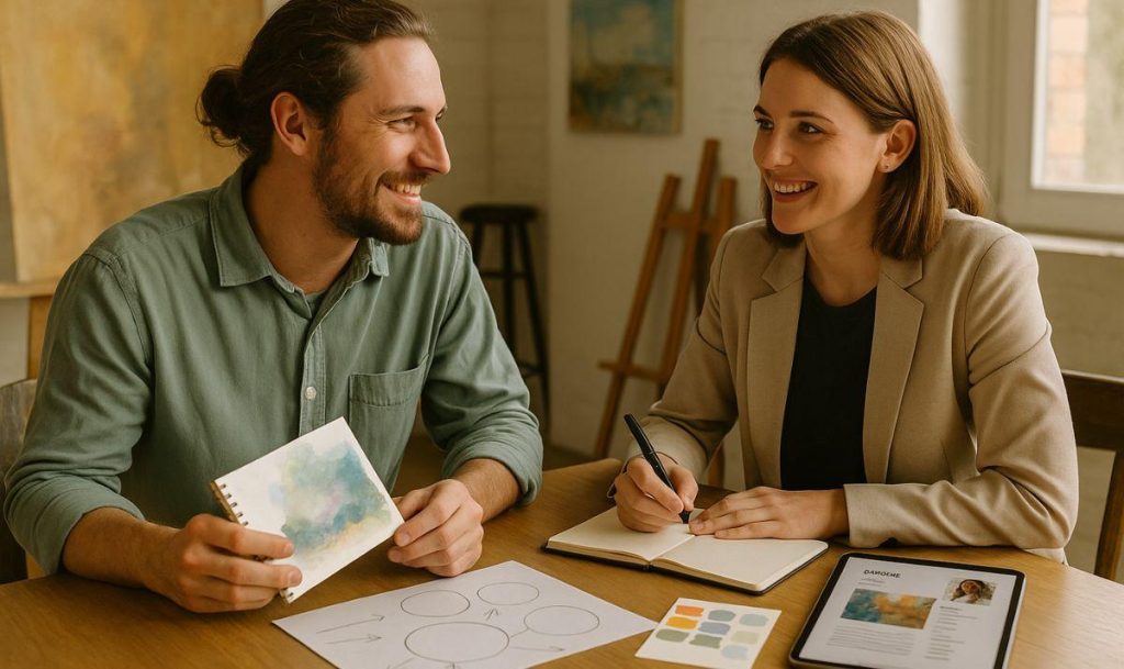 Zwei Personen sitzen in einem hellen Atelier an einem Holztisch und besprechen künstlerische Positionierung. Eine Person ist als Künstler erkennbar, die andere macht sich Notizen. Auf dem Tisch liegen Skizzen und Farbkarten, im Hintergrund stehen Leinwände und Kunstmaterialien. Die Szene wirkt natürlich, warm und empathisch. (AI-generated)