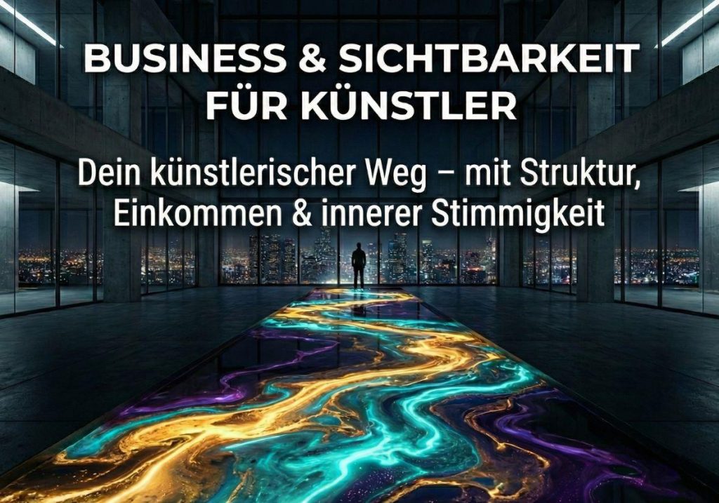 „Titelbild mit der großen weißen Aufschrift: 'BUSINESS & SICHTBARKEIT FÜR KÜNSTLER' und dem Untertitel: 'Dein künstlerischer Weg – mit Struktur, Einkommen & innerer Stimmigkeit'. Im Hintergrund steht die Silhouette einer Person in einem modernen Raum vor einer nächtlichen Skyline und blickt hinaus. Ein leuchtender, fließender Pfad in bunten Farben auf dem Boden führt auf die Person zu. (KI-generiert)
