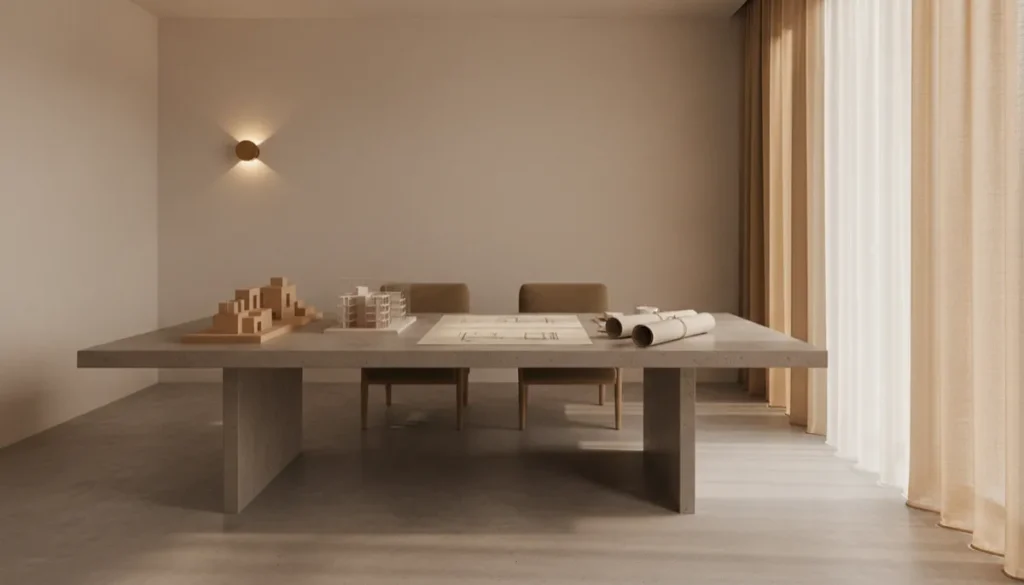 photorealistisch, ruhiger minimalistischer Innenraum eines Architekturbüros mit großem Tisch, reduzierter Materialität, weiches Seitenlicht durch hohe Fenster, wenige sorgfältig platzierte Modelle und Pläne, dezente warme Töne (KI-generiert)