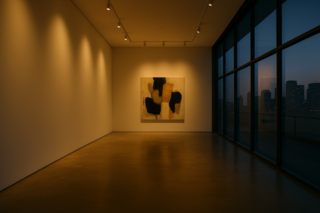 Curator viewing digital artworks on several screens in a calm, professional environment (AI-generated)
