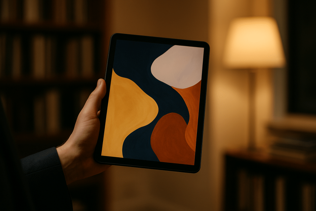 Professional work environment with a laptop, notes, and a digital art interface on the screen (AI-generated)