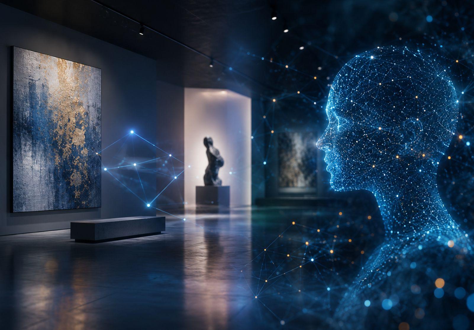 Futuristic depiction of the digital art market with a glowing, networked silhouette in a modern gallery, a symbol of digital visibility, art marketing, and the future of the art market. (AI-generated)