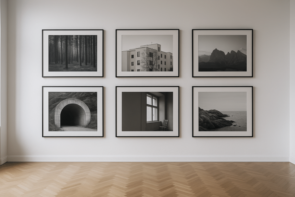 Galeriewand in einem Berliner Studio mit minimalistisch gehängten Fotografien (KI-generiert)