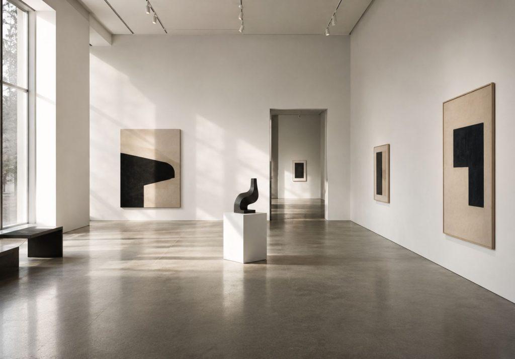 Soyut sanat eserleri, heykelsi bir nesne ve sakin ışık atmosferiyle minimalist çağdaş galeri mimarisi; sanat piyasasında galeri görünürlüğünün, kültürel konumlandırmanın ve dijital itibarın editoryal görseli. (YZ ile üretildi)