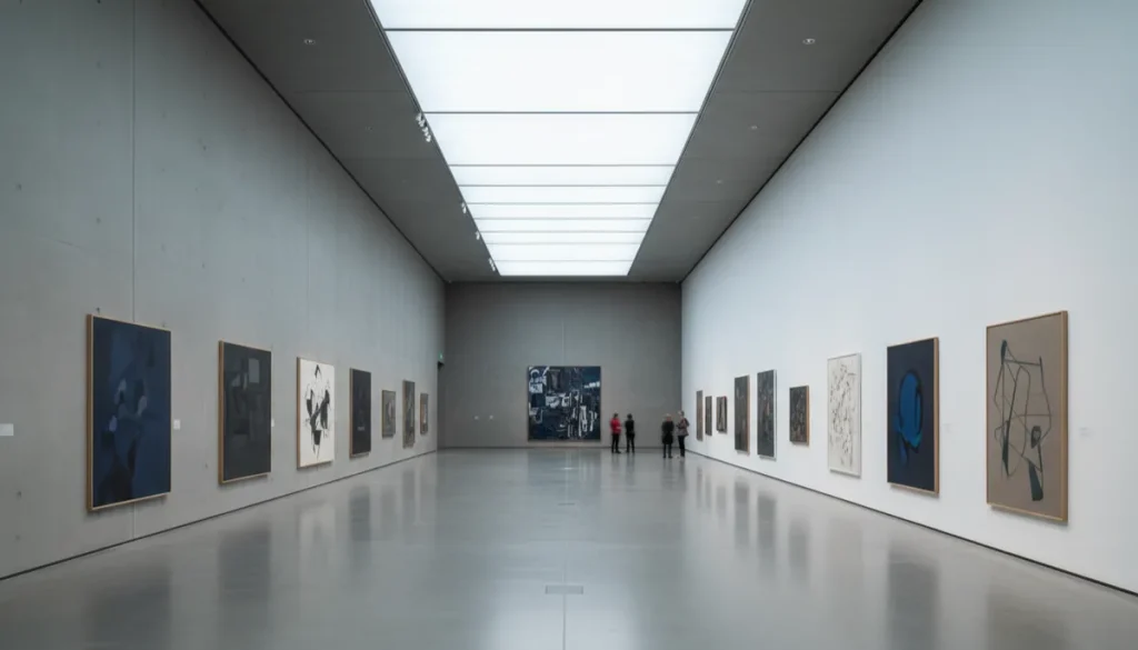 Çağdaş işlerin ve sakin bir ziyaretçi grubunun olduğu minimalist galeri (YZ ile üretildi)