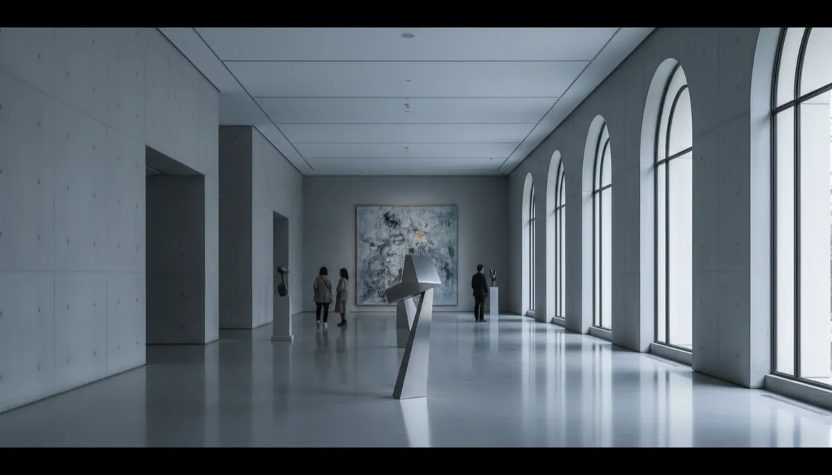 Minimalistische zeitgenössische Galeriearchitektur mit großformatiger Kunstinstallation und ruhiger Lichtstimmung — Editorialbild für digitale Sichtbarkeit, Kunstmarkt und kulturelle Positionierung. (KI-generiert)