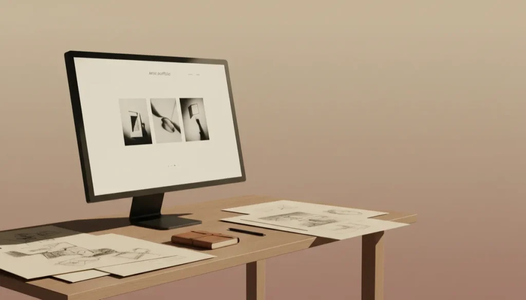 Bir atölyede monitör üzerinde bir sanatçı web sitesinin minimalist gösterimi (YZ ile üretildi)