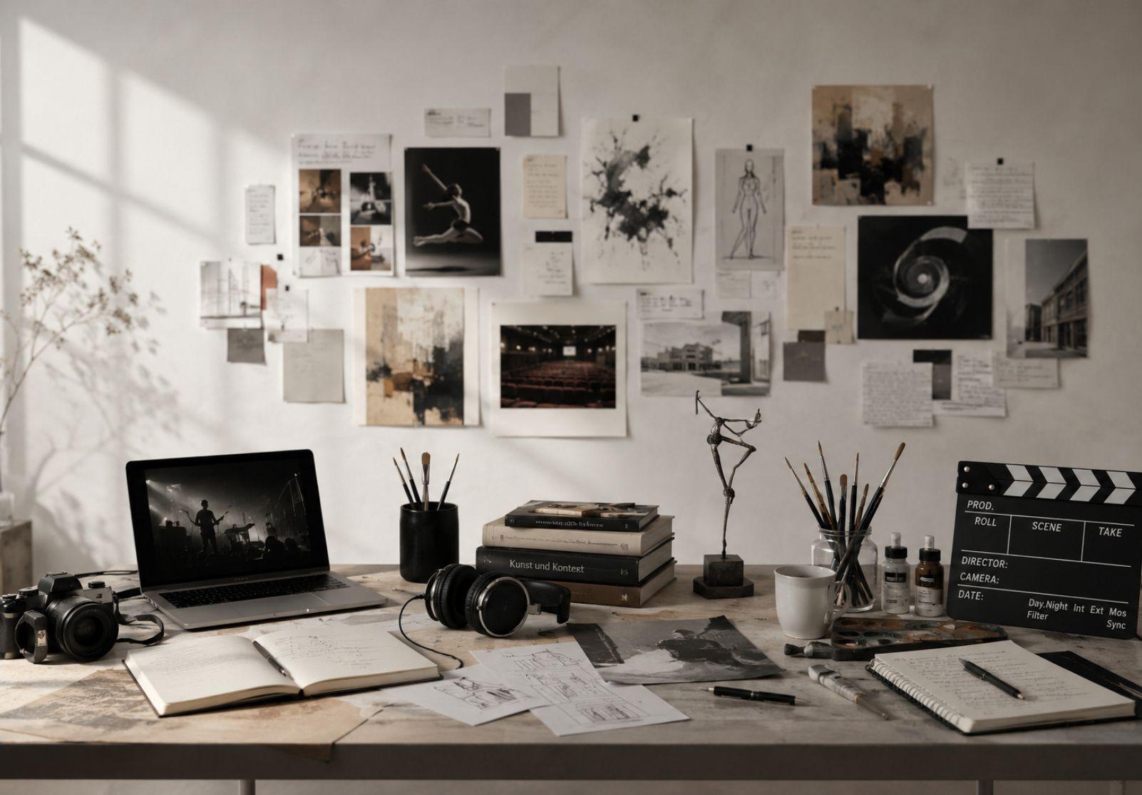 Kreativer Arbeitstisch mit Kamera, Skizzen, Musik- und Filmreferenzen als Symbol für Künstler Positionierung und strategische Sichtbarkeit in allen Kunstbranchen. (KI-generiert)