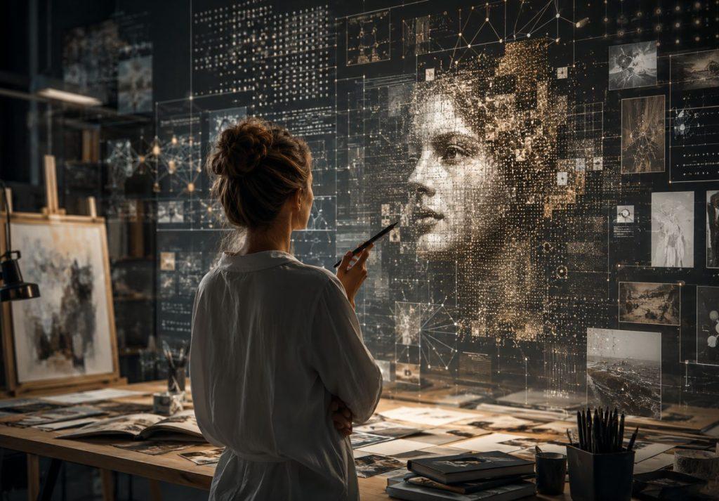 Künstlerin analysiert eine digitale KI-Visualisierung im Atelier als Symbol für künstliche Intelligenz, kreative Sichtbarkeit und digitale Kunst im Kulturmarketing. (KI-generiert)