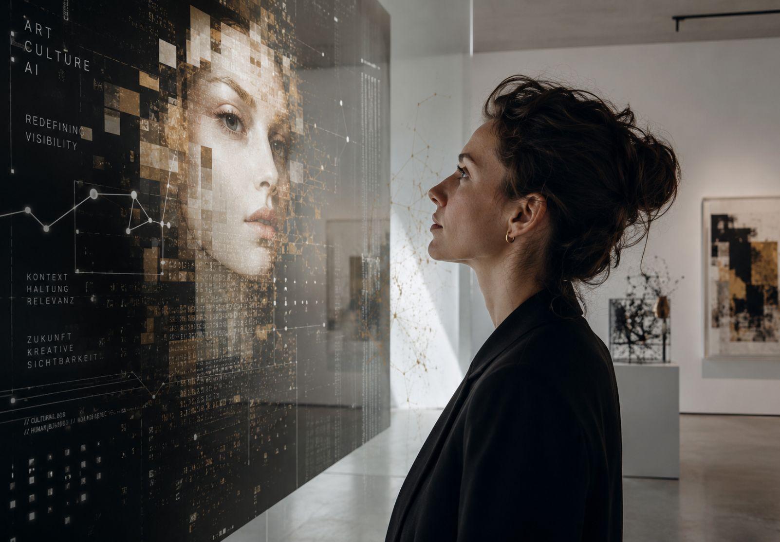 Frau betrachtet eine digitale KI-Kunstinstallation in einer Galerie als Symbol für künstliche Intelligenz, Kunstmarketing und kreative Sichtbarkeit. (KI-generiert)