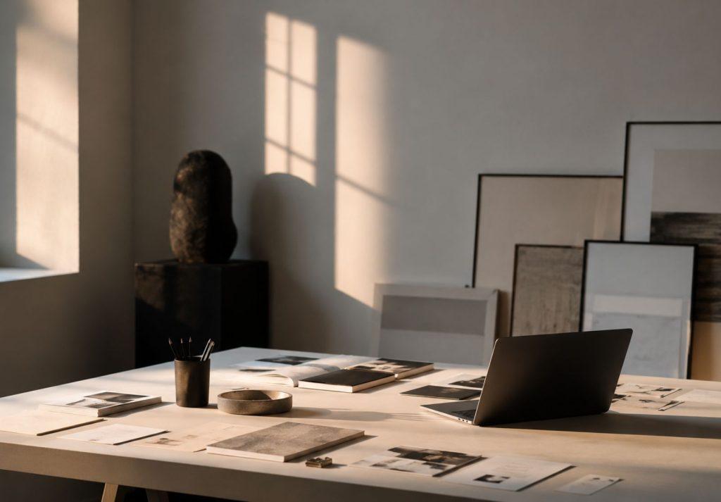 Sıcak ışıkta dizüstü bilgisayar, sanat kitapları ve baskı denemeleriyle minimalist bir çalışma alanı; dijital görünürlüğün ve kültür pazarlamasının simgesi. (YZ ile üretildi)
