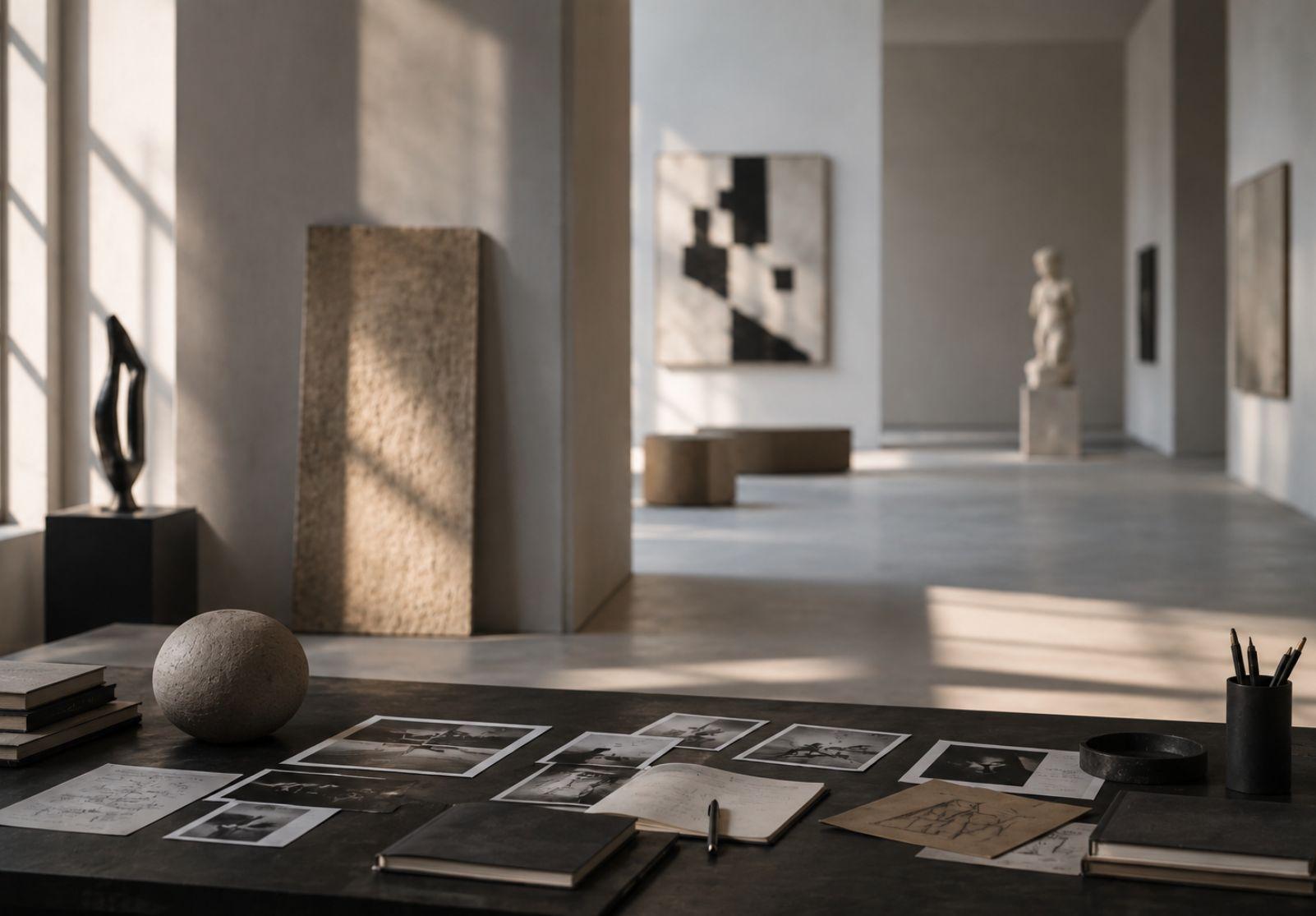 Moderner Kulturraum mit Kunstwerken, Skulpturen und kuratierten Materialien als Symbol für digitale Sichtbarkeit und kulturelle Präsenz. (KI-generiert)