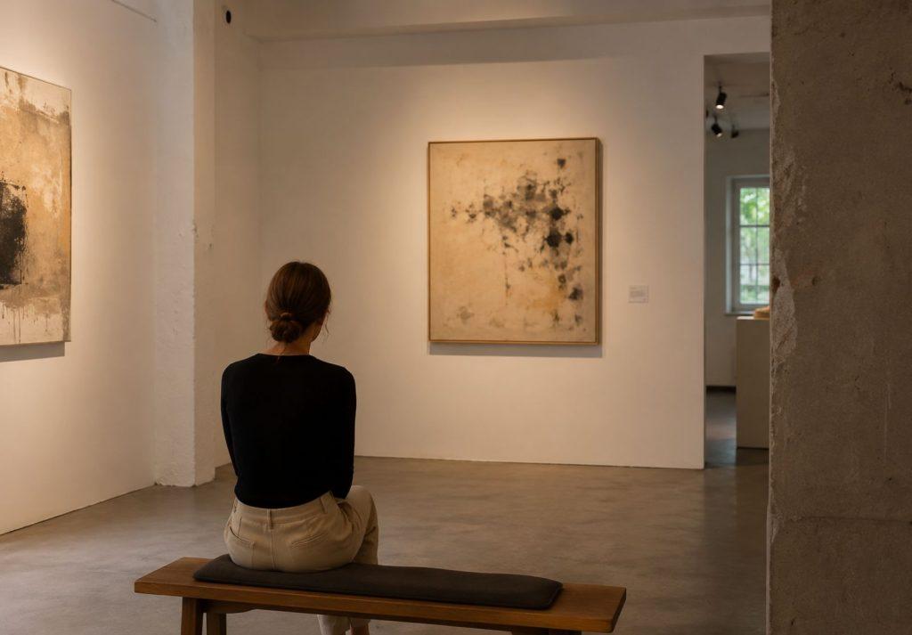 Soyut tablolar önünde oturan bir ziyaretçiyle sıcak ışıkta, sakin ve küratörlü atmosferli minimalist bir sanat galerisi. (YZ ile üretildi)