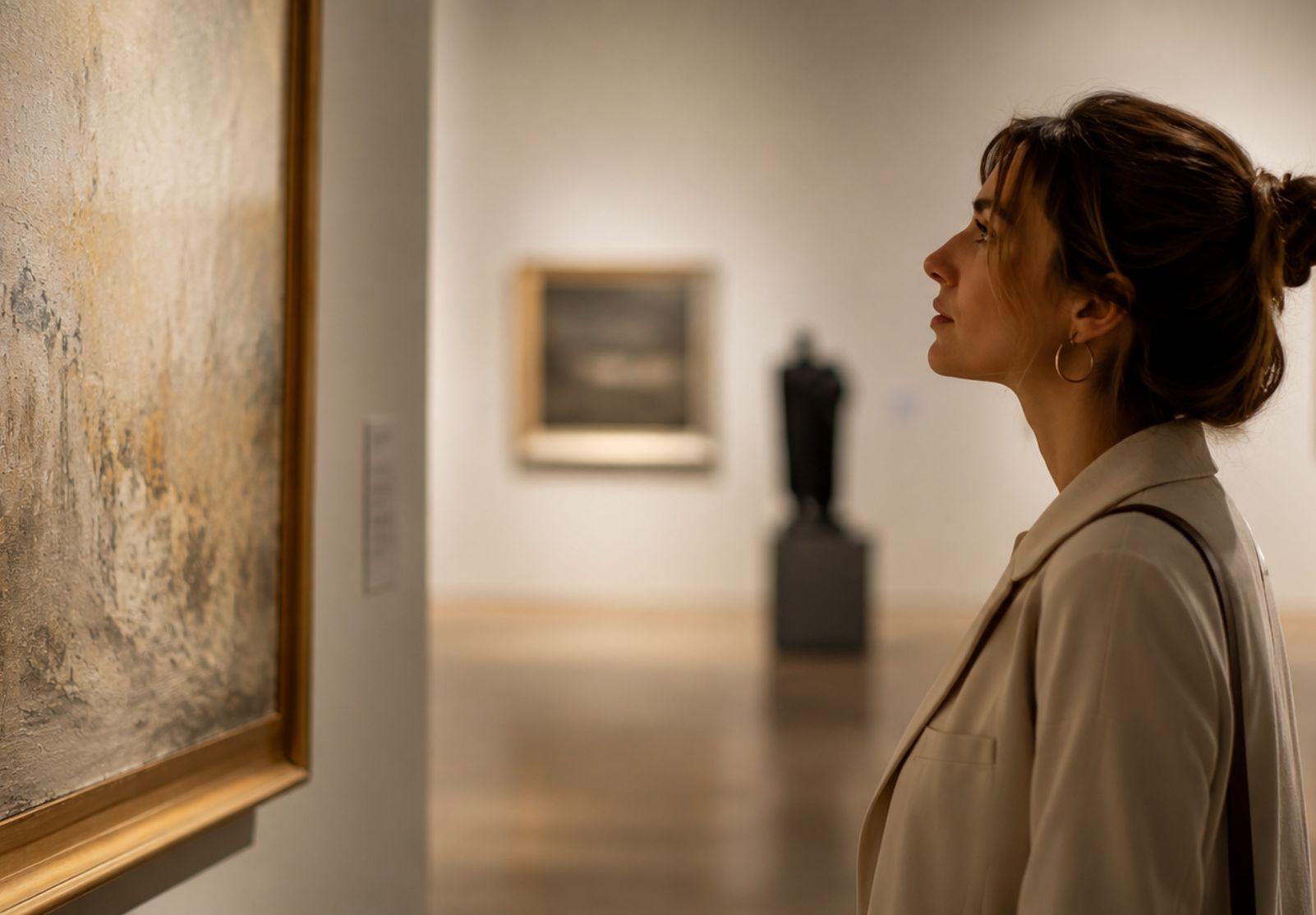 Sıcak ışıkta soyut bir sanat eserinin önünde bir ziyaretçiyle, sakin ve minimalist atmosferli modern galeri iç mekânı. (YZ ile üretildi)