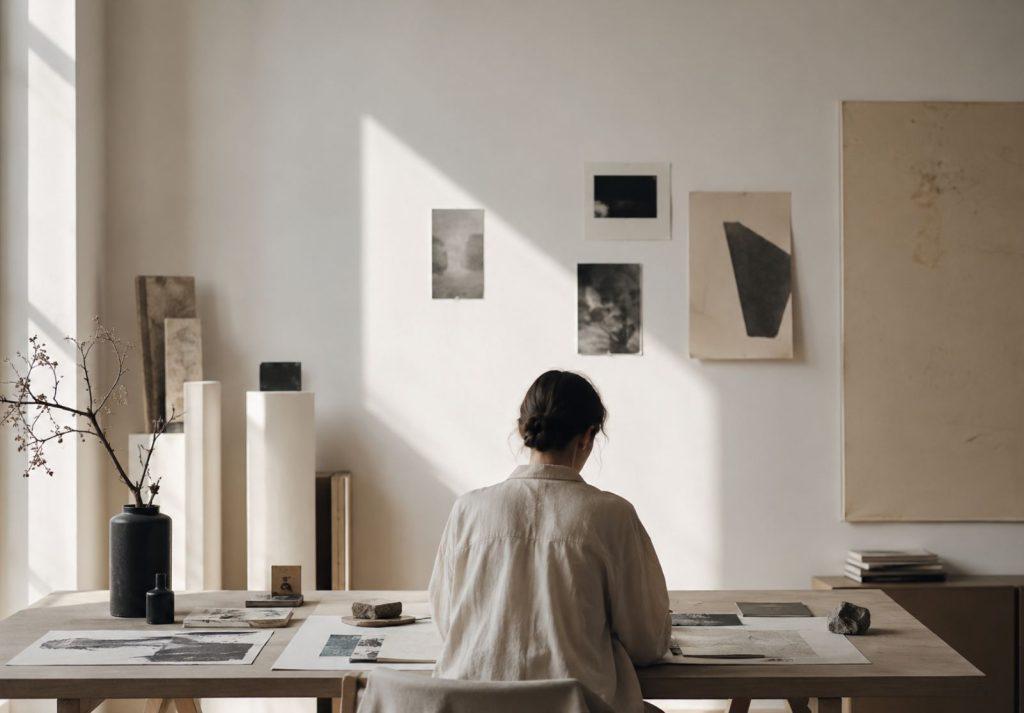 Ruhiger Arbeitsplatz einer kreativen Marke mit kuratierten Materialien, Kunstwerken und natürlichem Licht — Symbolbild für strategische Positionierung und Markenentwicklung. (KI-generiert)