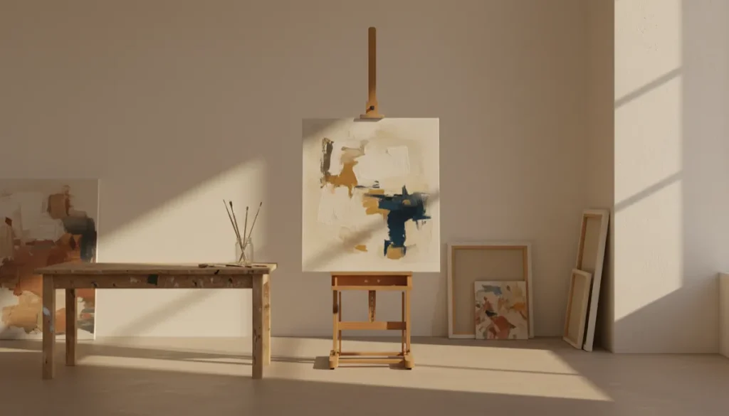 Minimalist studio with an easel, a jar of brushes, and warm side light (AI-generated)
