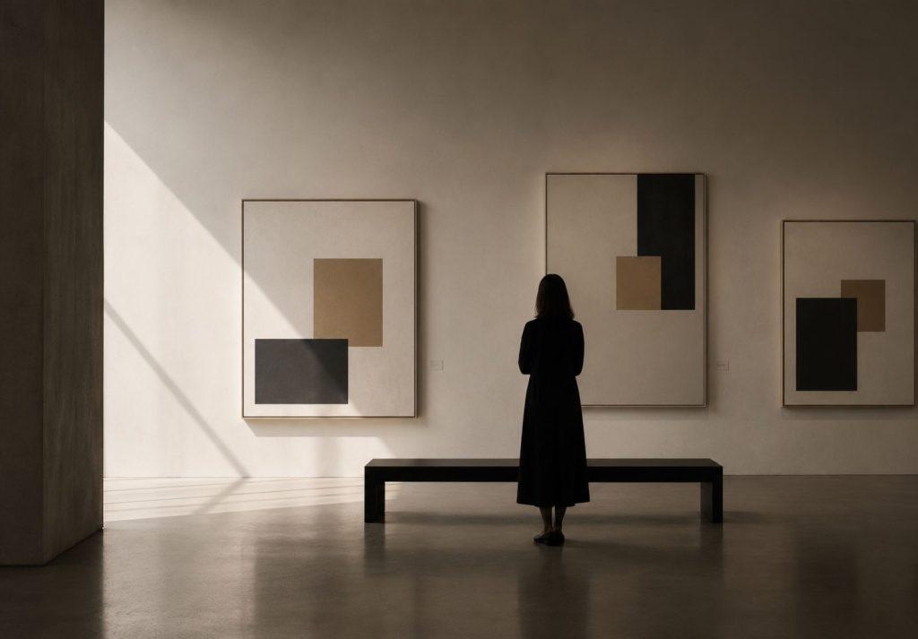 Contemplative person in a minimalist gallery with contemporary abstract artworks and calm lighting—editorial image for topics around visibility, art market, and cultural positioning. (AI-generated)