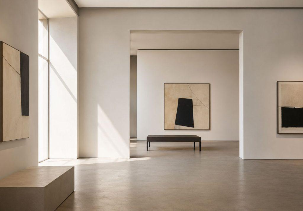 Minimalist gallery architecture with contemporary abstract artworks and natural light—calm editorial atmosphere for topics around art market, visibility, and cultural positioning. (AI-generated)