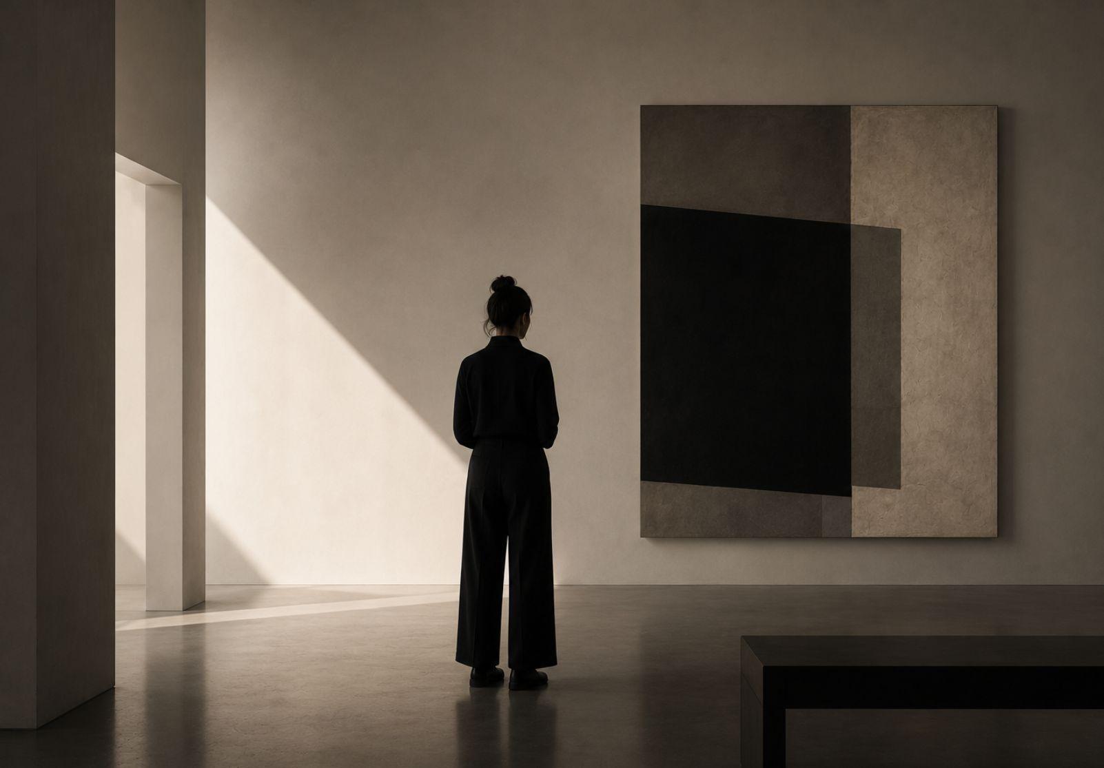 Künstler im Atelier vor abstrakten Leinwänden, weiches Licht (KI-generiert)