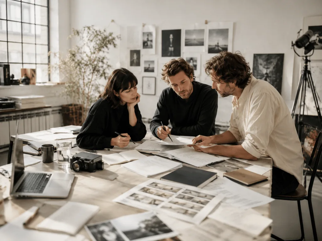 Drei Menschen besprechen Texte, Fotos und Notizen an einem großen Arbeitstisch (KI-generiert)