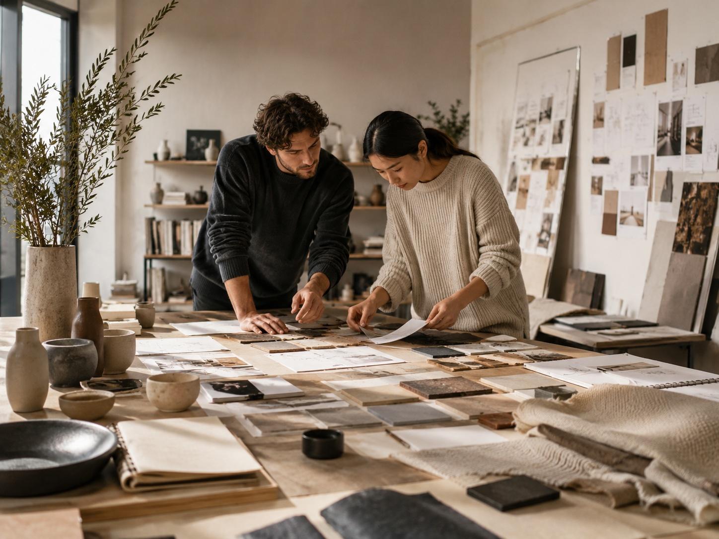 Two designers working at a large table with layouts, patterns and material samples (AI-generated)