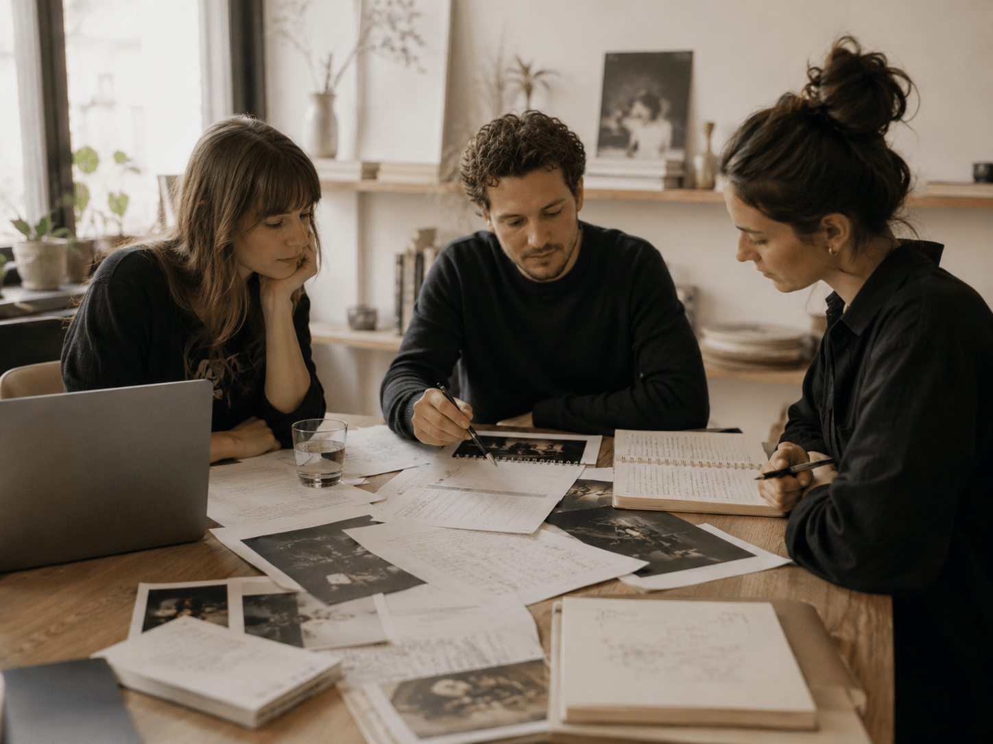 Drei Kreative arbeiten gemeinsam an einem Tisch mit Fotos und Notizen – strategische Zusammenarbeit bei Favori Media (KI-generiert)
