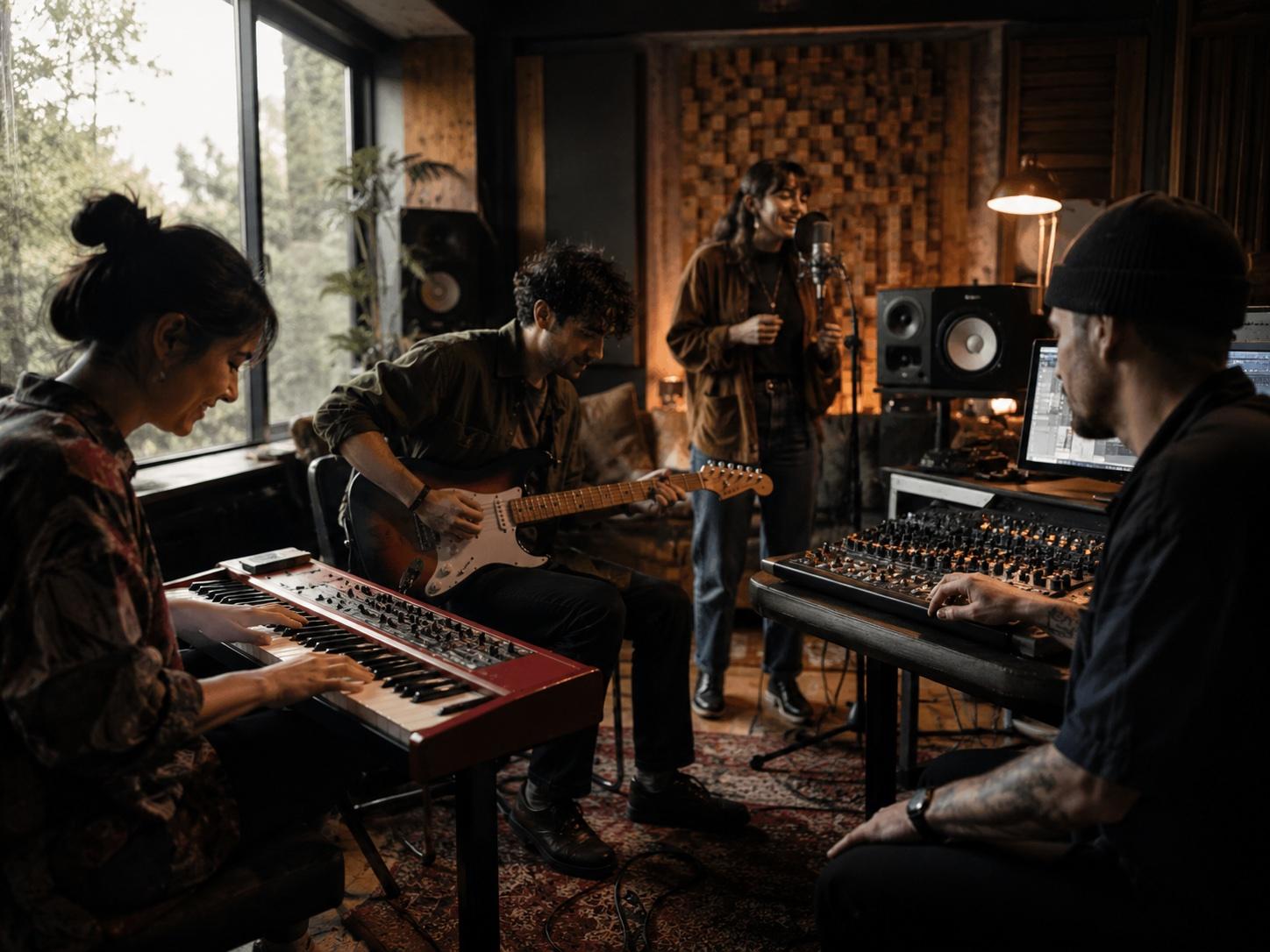 Musikerinnen und Musiker bei einer Aufnahme im Studio mit Keyboard, Gitarre und Mischpult (KI-generiert)
