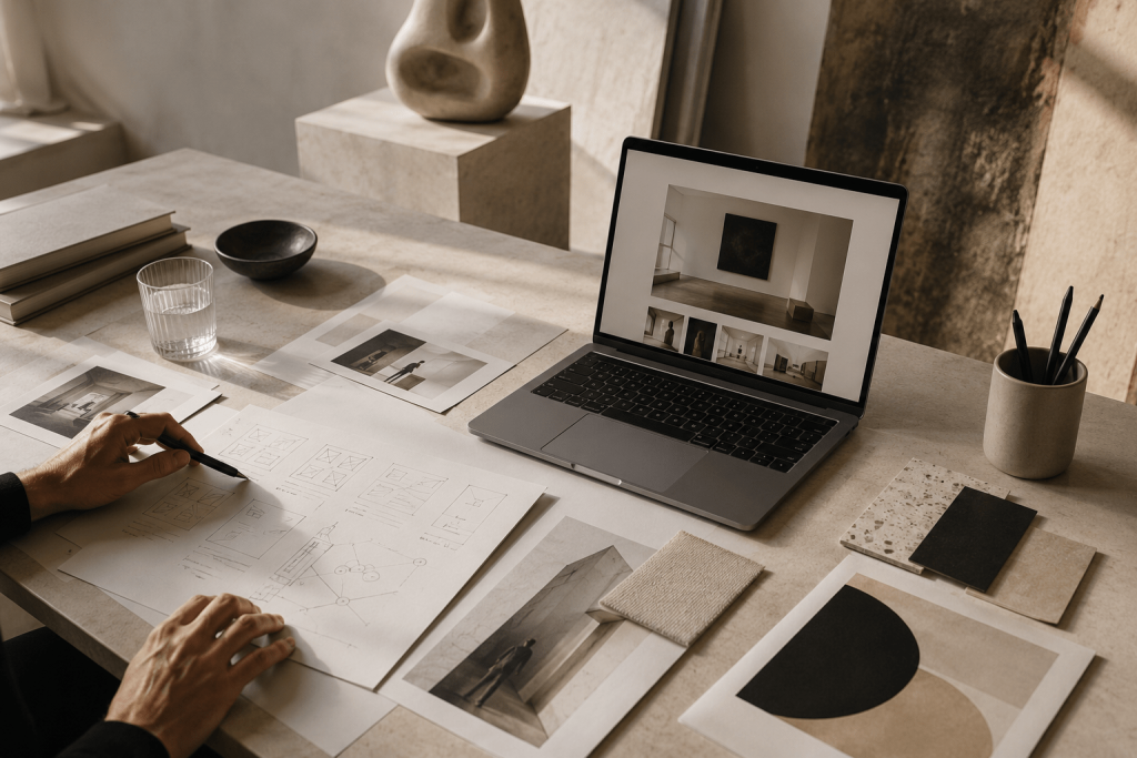 Strategische Website-Planung für Künstler und Kulturprojekte mit Laptop, Wireframes, Moodboard und Designkonzept auf einem minimalistischen Schreibtisch. (KI-generiert)