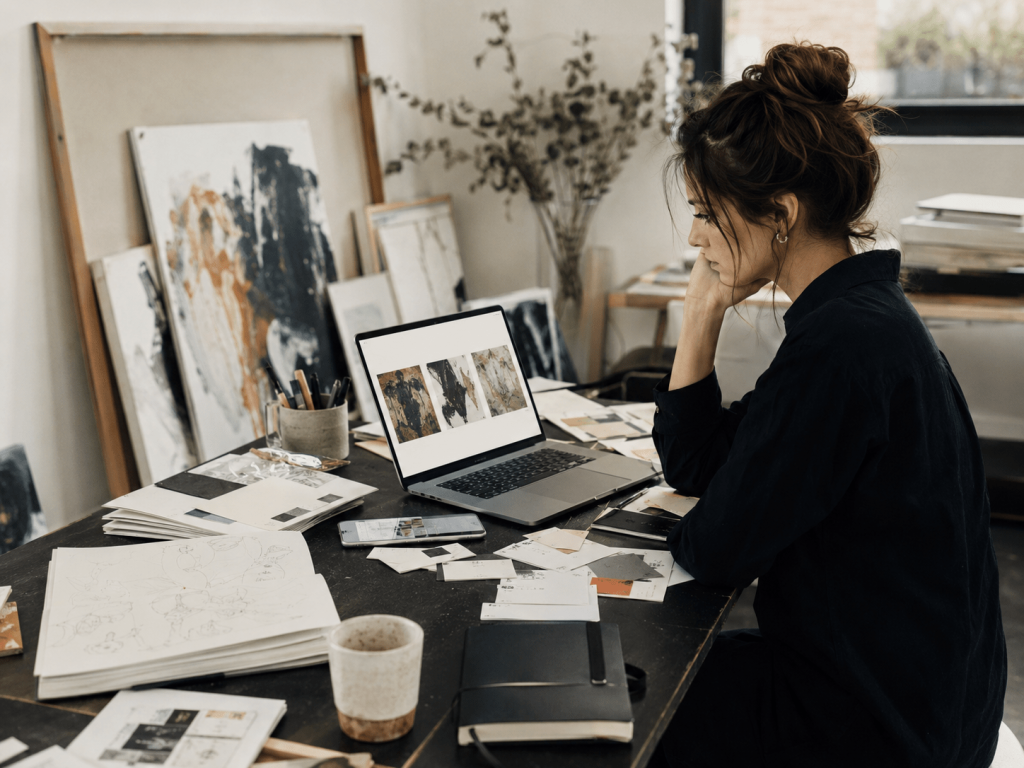 Künstler am Arbeitsplatz zwischen verstreuten Kontakten, Notizen und Kanälen (KI-generiert)