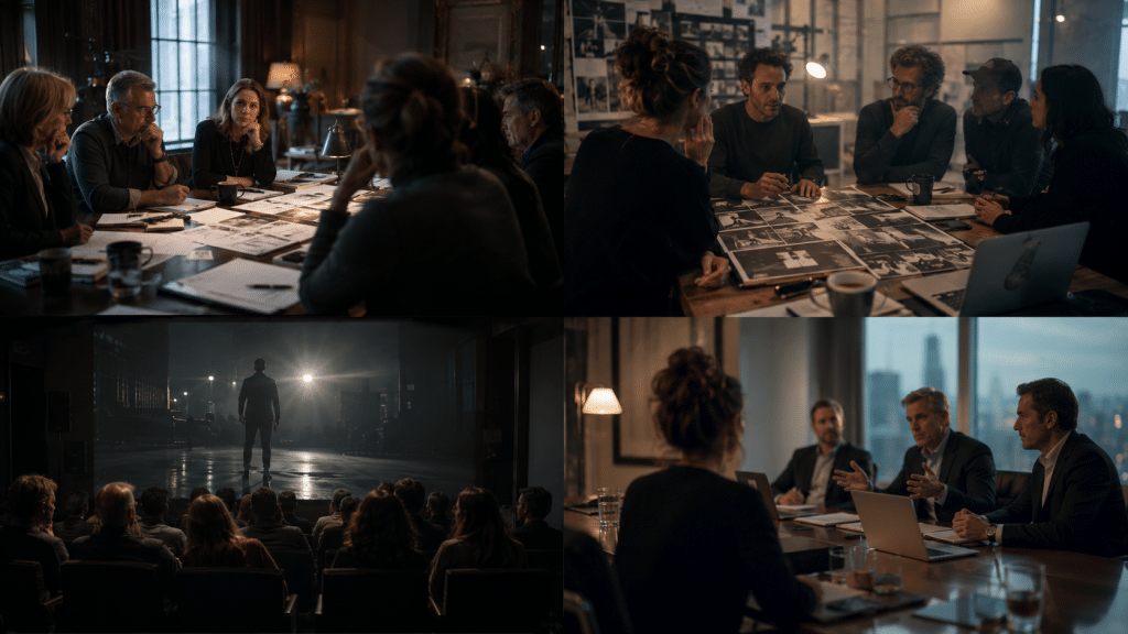 Fon kurulu, yapım ekibi, festival gösterimi ve dağıtım görüşmesinden oluşan dörde bölünmüş film sahnesi; film yapımcılarının görünürlüğe giden yolda geçtiği kapı bekçisi katmanlarının simgesi. (YZ ile üretildi)