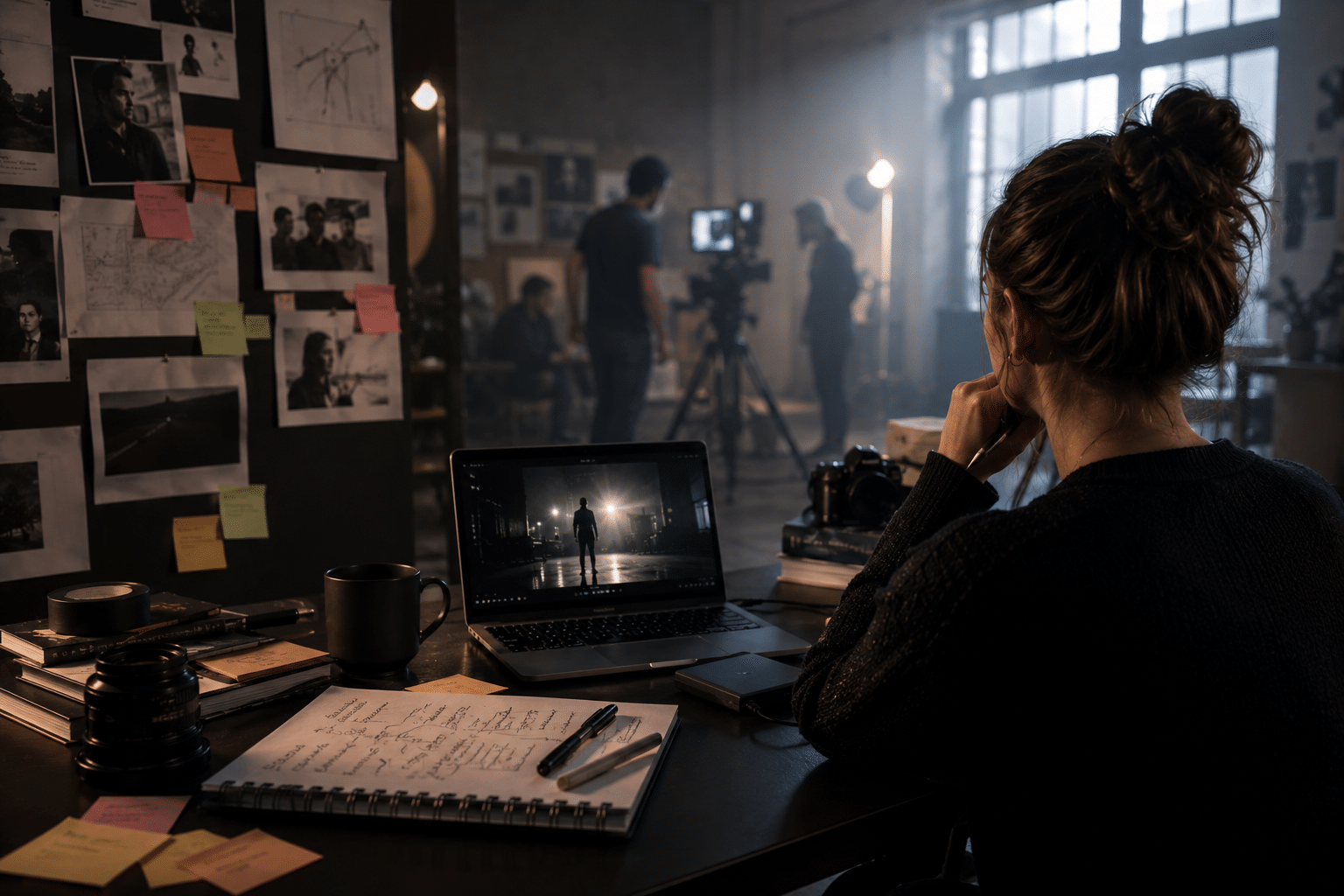Filmemacherin sitzt an einem Arbeitstisch vor Laptop, Drehnotizen und Recherchematerial, während im Hintergrund ein Filmset mit Kamera und Licht entsteht – als Symbol für strategische Sichtbarkeit im Film. (KI-generiert)