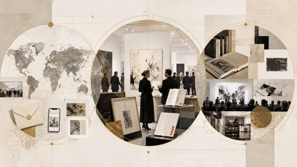 Dünya haritası, galeri ve söylem sahnelerinden oluşan soyut kolaj; sanat piyasasında uluslararası varlığın, piyasa bağlantısının ve söylem önemi için bir simge. (YZ ile üretildi)