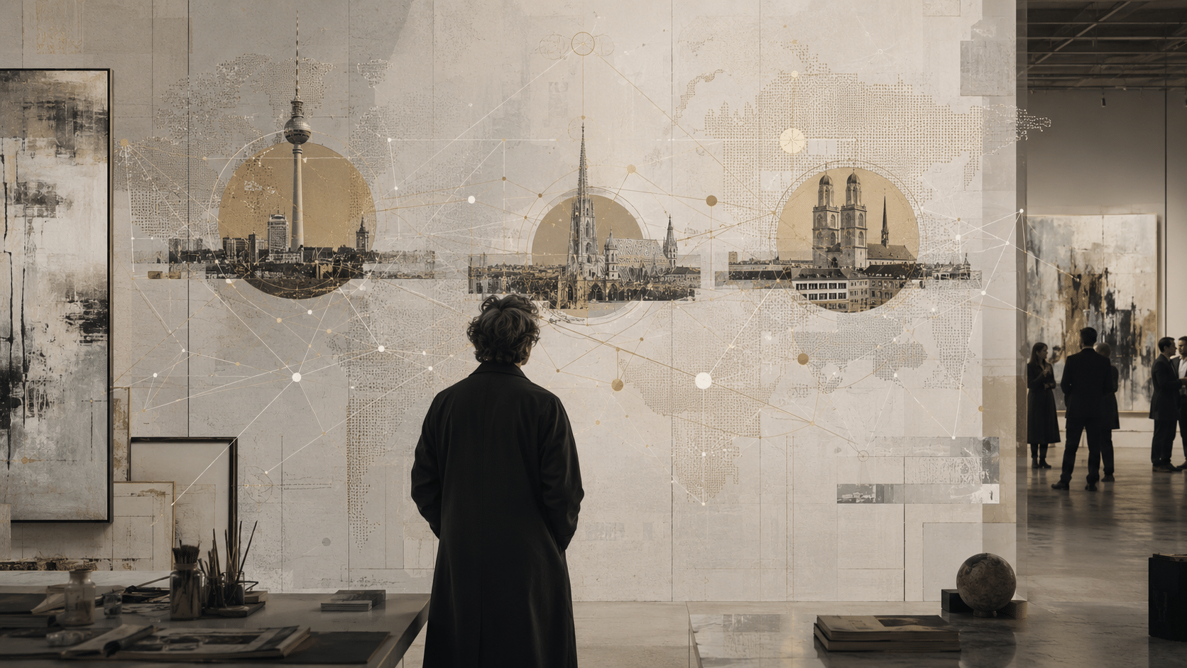 Künstler betrachtet in einer modernen Galerie eine abstrakte Weltkarte mit vernetzten Stadtansichten von Berlin, Wien und Zürich als Symbol für internationale Sichtbarkeit im Kunstmarkt. (KI-generiert)