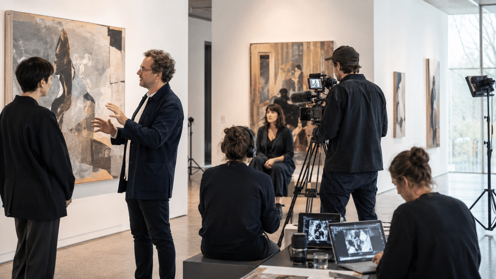 Aydınlık bir galeride küratöryel sohbet ve film çekimi; bir ekip sanat, sergi ve dijital iletişim çevresinde içerik üretiyor. (YZ ile üretildi)