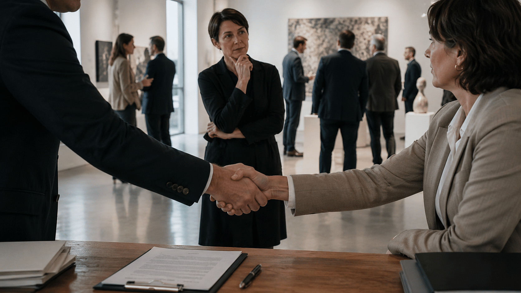 Handschlag in einer modernen Galerie mit Vertragsunterlagen im Vordergrund, während im Hintergrund Kunstwerke und Besucher zu sehen sind – als Symbol für Kultursponsoring und Verhandlungsmacht im Kunstbetrieb. (KI-generiert)