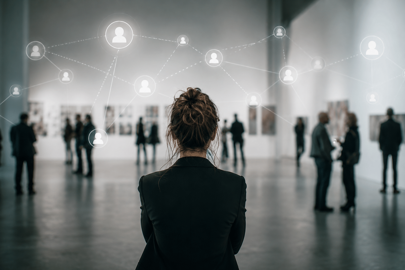 Kuratorin in einer modernen Galerie mit unsichtbaren Netzwerkverbindungen im Raum als Symbol für kulturelle Entscheidungen, Vertrauen, Reputation und strategische Sichtbarkeit im Kunstmarkt. (KI-generiert)