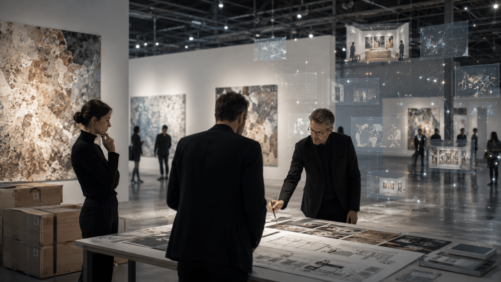 Bir galeri ekibi, birbirine bağlı ekranlarla donatılmış modern bir sanat mekânında fuar konseptlerini, sunum planlarını ve dijital seçenekleri analiz ediyor. (YZ ile üretildi)