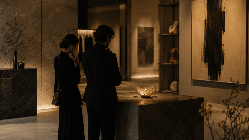 An elegantly dressed couple in an exclusive gallery looks at an art object that appears especially valuable through light, space, and staging. (AI-generated)