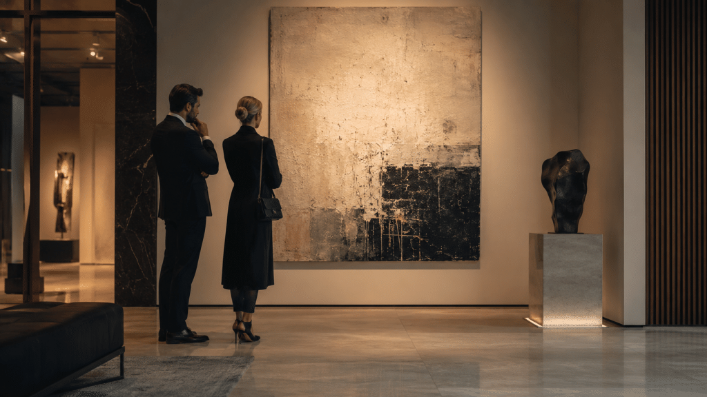Two collectors look at a large-format artwork in a high-end gallery, while the calm presentation underscores the value and quality of the work. (AI-generated)