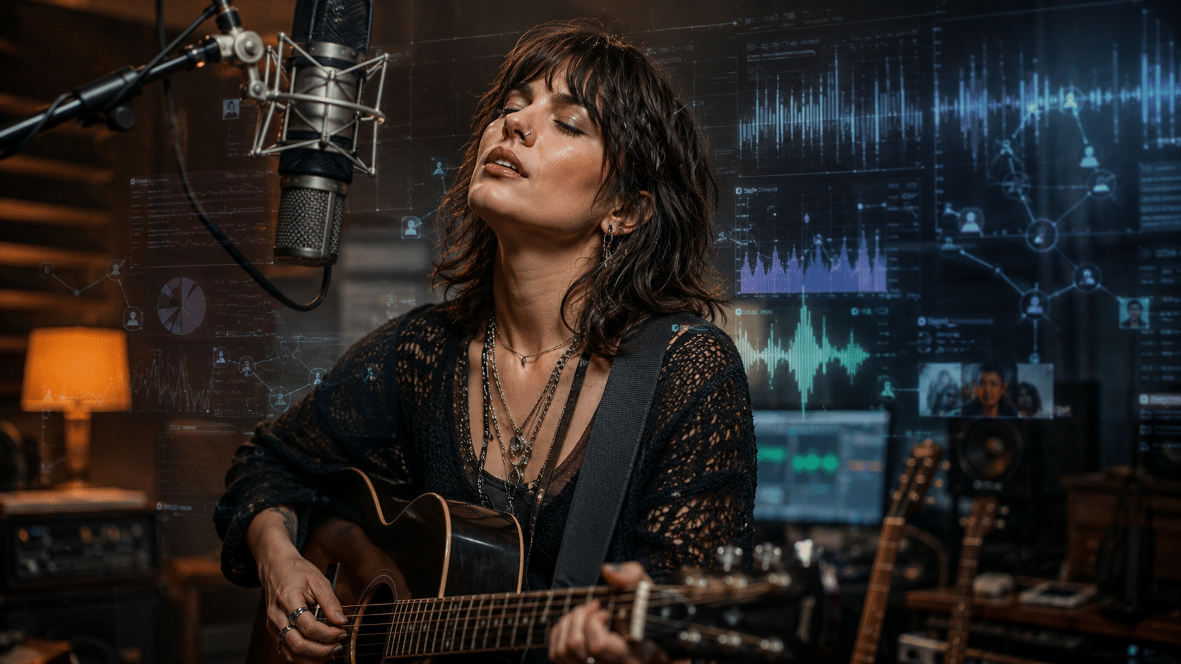Musikerin mit Gitarre im Tonstudio vor Mikrofon und digitalen Streaming-Daten als Symbol für Musiker Sichtbarkeit, künstlerische Identität und Musikkarrieren im Streaming-Zeitalter. (KI-generiert)