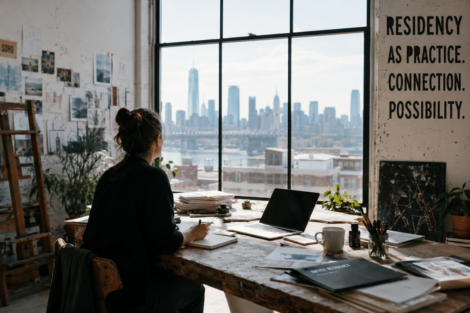 Künstlerin in hellem Atelier mit Skizzen, Stadtblick und Arbeitsmaterialien als Symbol für Residency-Programme, internationale Sichtbarkeit und strategische Künstlerpositionierung. (KI-generiert)