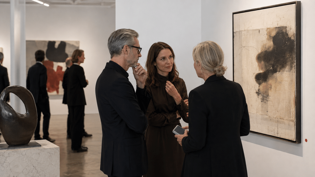 Koleksiyonerler, küratörler ve galericiler aydınlık bir galeride soyut bir sanat eserini inceleyip piyasadaki değerini ve önemini tartışıyor. (YZ ile üretildi)