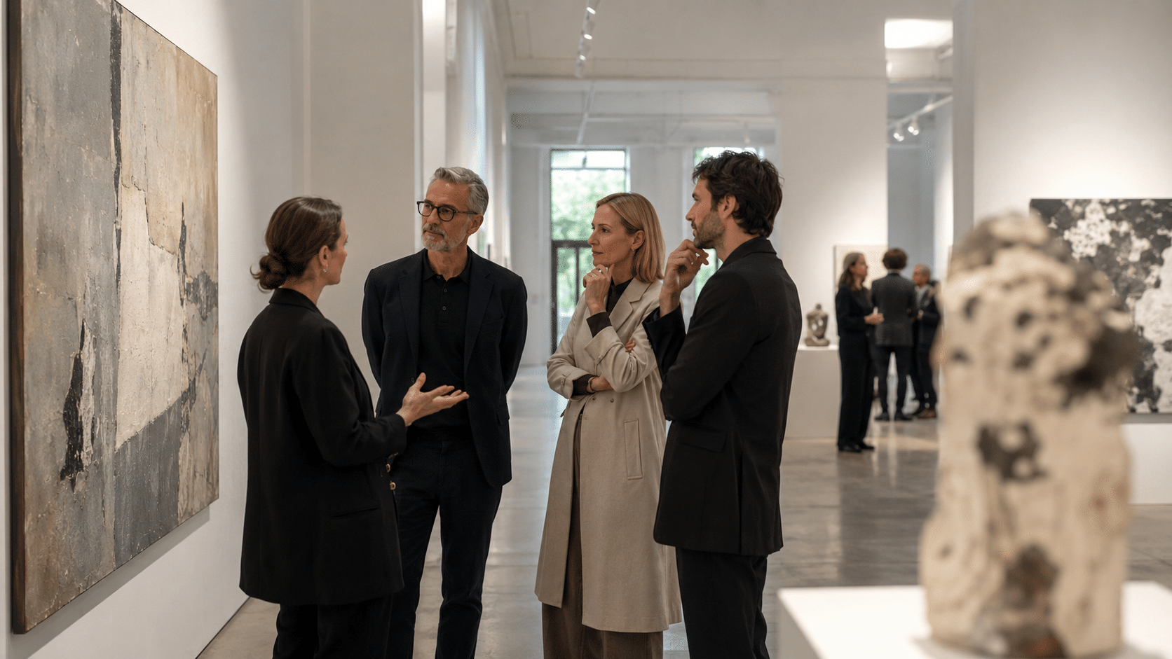 Elegante Kunstmesse mit wertvollen Kunstobjekten, Champagner und distanzierten Besuchern – als Symbol dafür, dass Geld Aufmerksamkeit kaufen, aber kein Vertrauen ersetzen kann. (KI-generiert)
