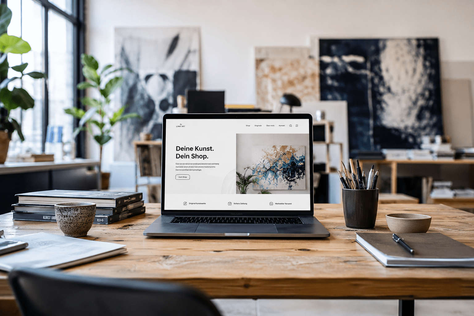 Laptop showing an artist's online shop in a bright studio (AI-generated)