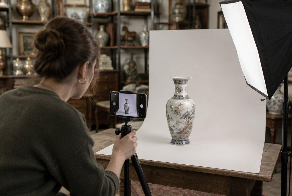 Eine junge Frau fotografiert im Hinterzimmer eines Antiquitätengeschäfts eine Porzellanvase mit dem Smartphone auf einem Stativ vor hellem Hintergrund für den Online-Shop (KI-generiert)