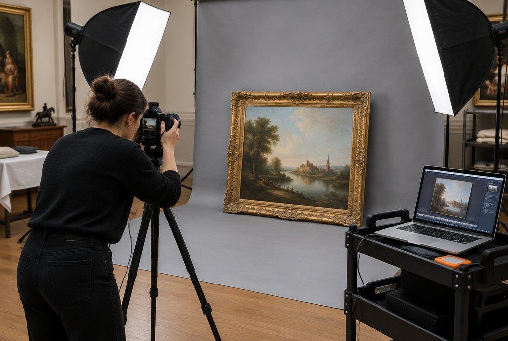 Bir müzayede evinin stüdyosunda bir kadın fotoğrafçı, katalog için gri fon önünde iki softbox altında yaldızlı çerçeveli bir tabloyu fotoğraflıyor (yapay zekâ ile üretildi)
