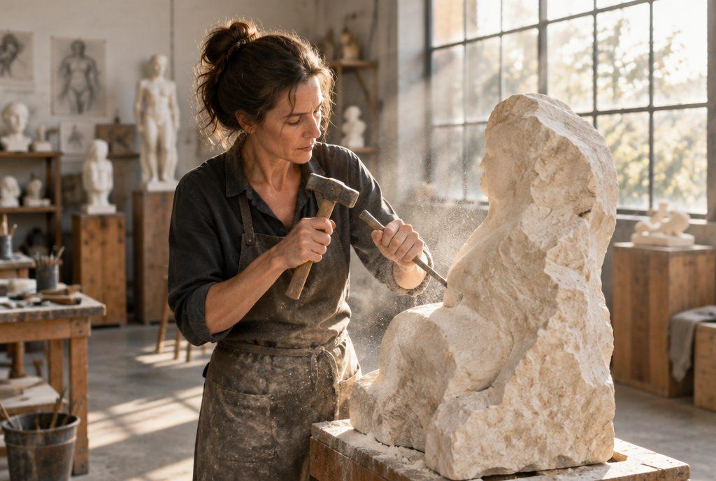 Bildhauerin arbeitet mit Hammer und Meißel an einer Steinskulptur im Atelier (KI-generiert)
