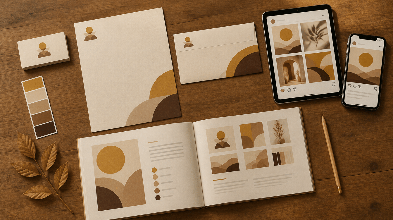 Business card, letterhead, envelope, social media templates on a tablet and smartphone, and an open brand guide with color swatches on a wooden table (AI-generated)