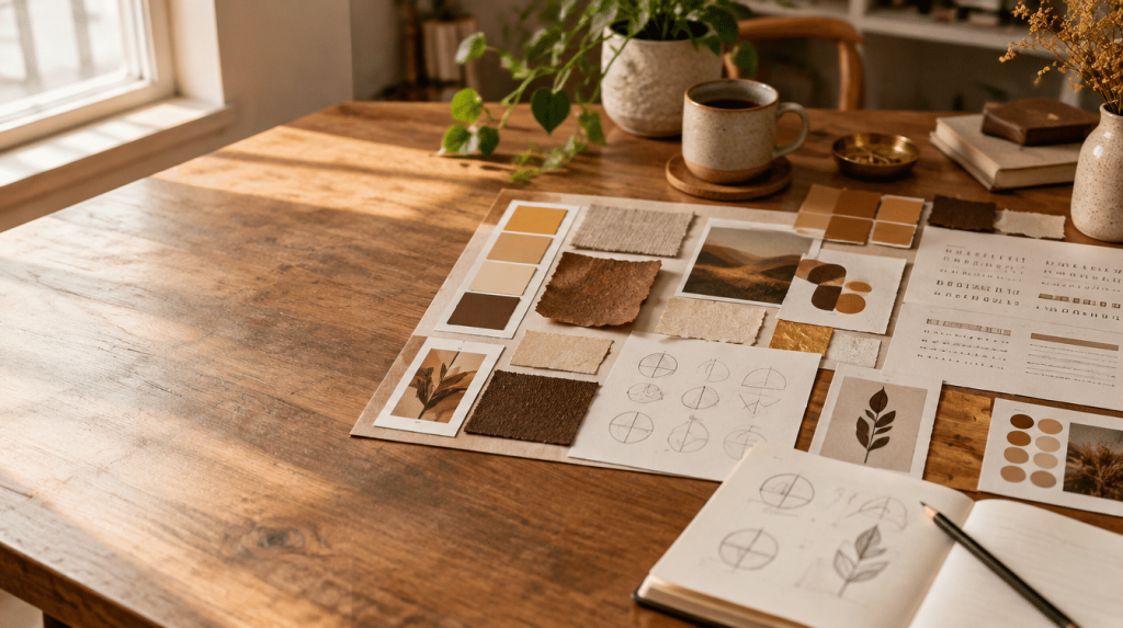 Moodboard with color swatches, sketches and material samples on a wooden table (AI-generated)