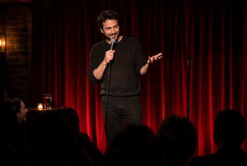 Comedian steht mit Mikrofon auf einer kleinen Kabarettbühne (KI-generiert)